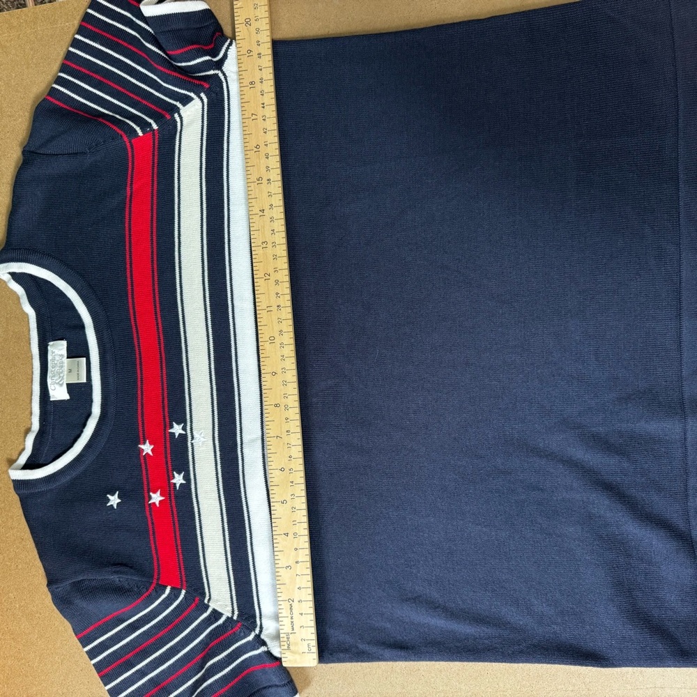 Christopher Banks Patriotic Navy Striped Star Knit Tee Size Medium Granny Chic - Picture 4 of 9